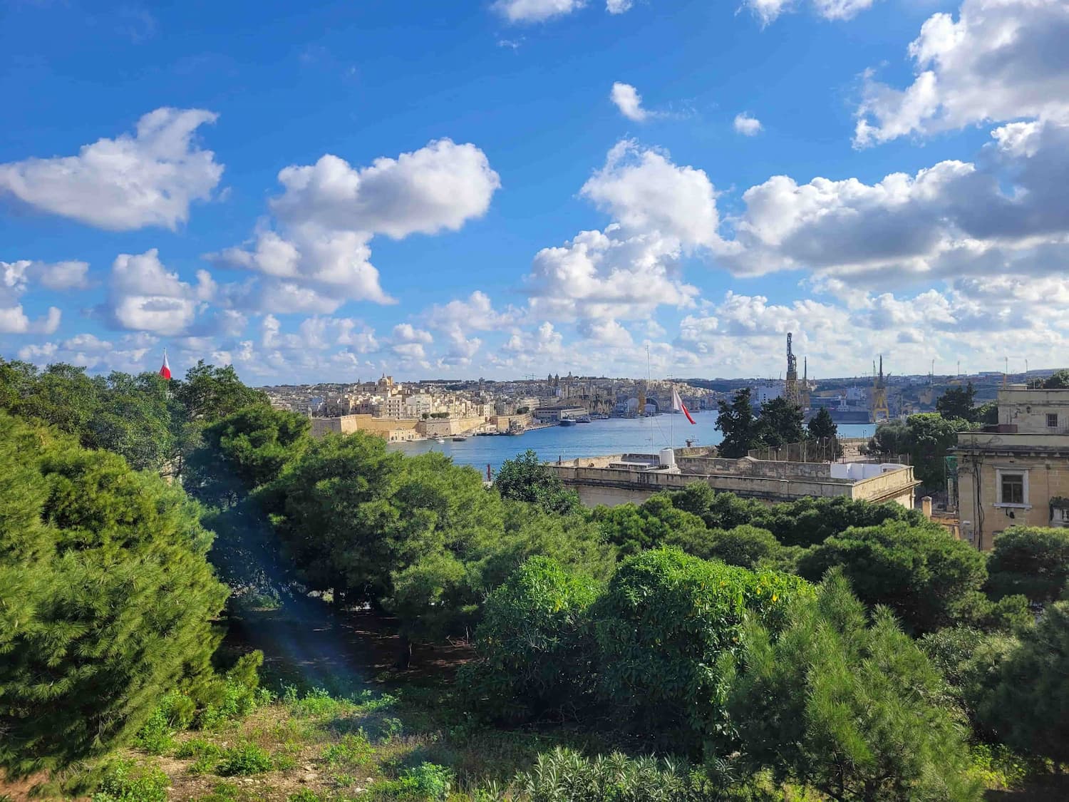 View of Valletta skyline across the harbour from a lush green hillside on a sunny day in Malta