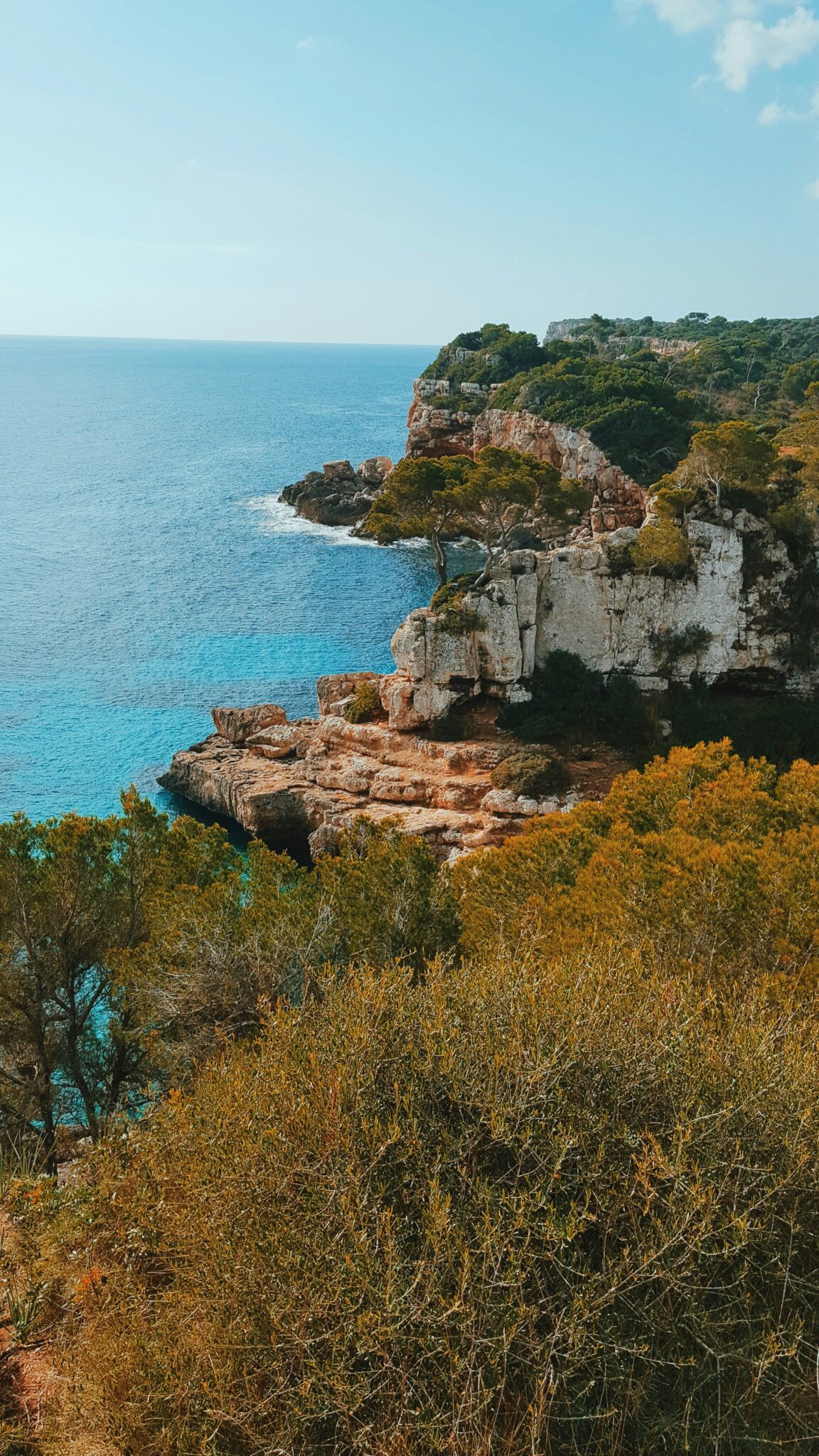 Turquoise bay and limestone cliffs of Mallorca seen from above, Balearic Islands Spain