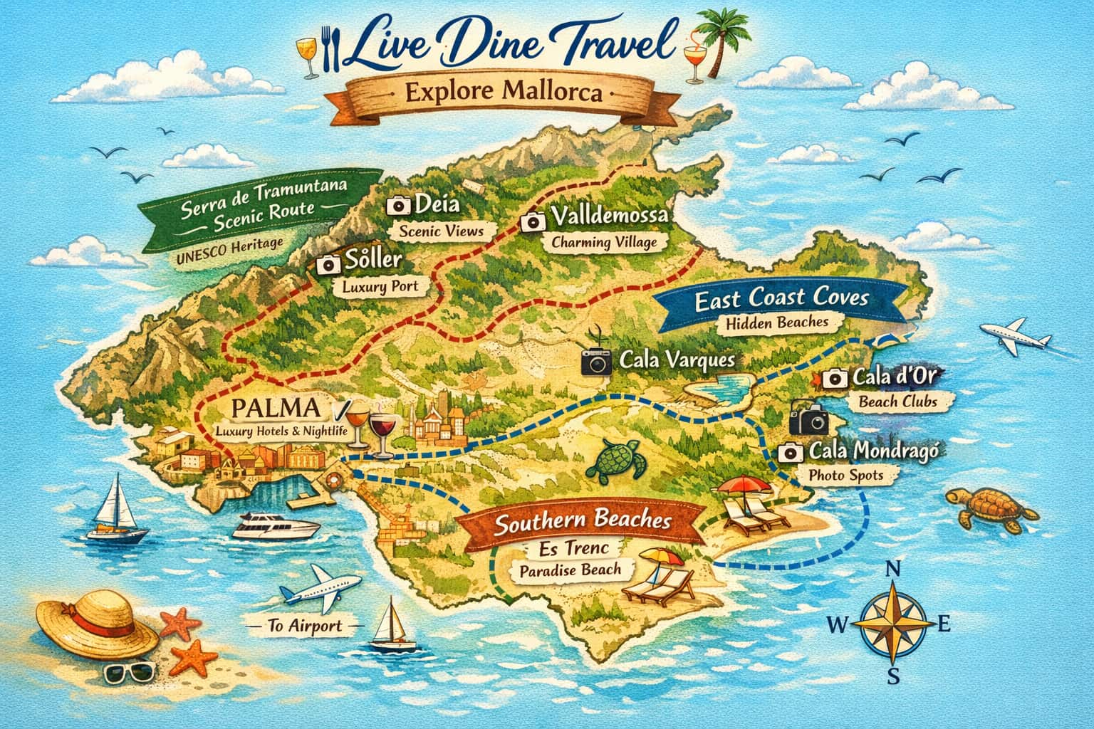 Map of Mallorca showing key areas including Palma, Serra de Tramuntana mountains, east coast coves and southern beaches