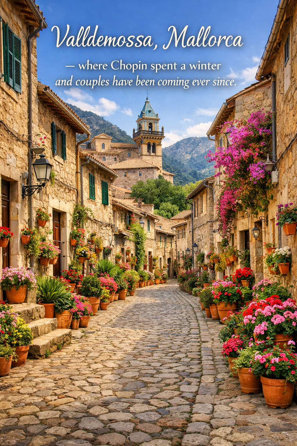 Cobblestone street in Valldemossa village Mallorca with stone houses and potted plants in bloom